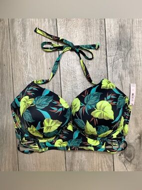 Victoria’s Secret BombshellTropical Leaf Halter Bikini Top - Black & Neon Green